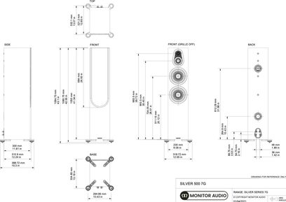Monitor Audio Silver 500 7G tornikaiutin, musta viimeistely, tekniset piirustukset millimetrimitoituksilla, etu-, sivu- ja takakuvat
