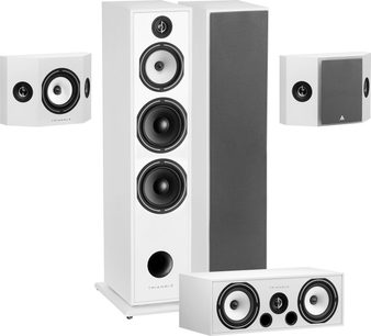 Triangle Borea BR10 + BRC2 + BRS1 witte zuilenspeaker set met zwarte roosters en zichtbare ronde luidsprekers