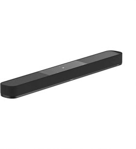 Sort Sennheiser AMBEO Soundbar Plus, slankt rektangulært design, centrale touch‑betjeningsknapper set i skrå vinkel