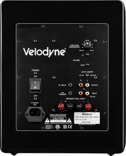 Velodyne Optimum 10 sort baskabin, frontvisning af kontrolpanelet med knapper, indgange og LED-indikatorer