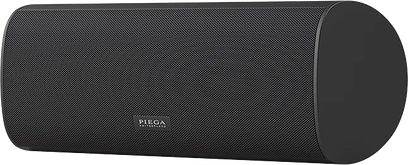 Trådløs tilsluttet højttaler Piega Ace Center Wireless sort, set forfra i perspektiv, sort gitter, centreret logo