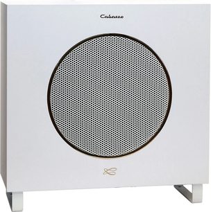 Beyaz Cabasse Lipari 21 subwoofer, önden görünüm, beyaz kübik kasada altıgen örgülü siyah ızgara