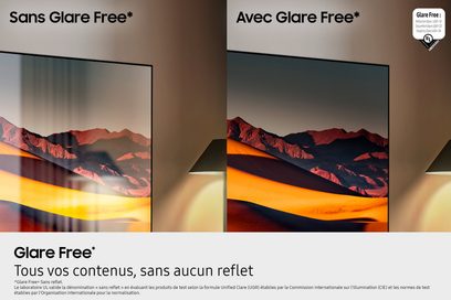 Glossy black glass flat screen with slim metallic frame, front view in a side-by-side comparison highlighting window reflections on the left and Glare Free anti-reflective treatment with no reflections on the right