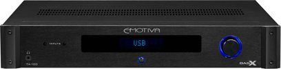 Sort front på en Emotiva BASX TA-100 stereo hi-fi-forstærker med blåt display, blå og hvide knapper