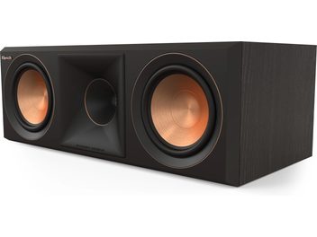 Klipsch RP-500C II ebony edition 2022 black center speaker, front view, with two copper-ringed speakers in a rectangular enclosure