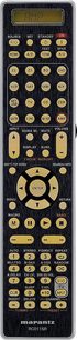 Sort Marantz RC011SR fjernbetjening, set forfra, med LCD-skærm, multifunktionsknapper og -taster med gylden finish på sort baggrund