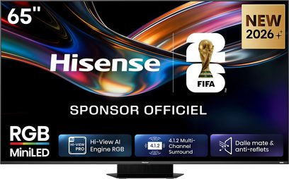 Televisore Hisense da 65 pollici, cornice nera sottile su supporto centrale, schermo con immagine astratta colorata e logo FIFA