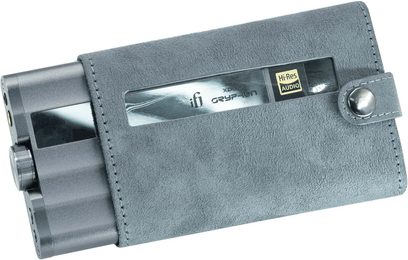 iFi Audio xDSD Gryphon suede gray case with transparent window and snap-tab, three-quarter view