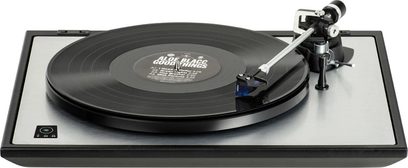 Gramofon Rekkord Audio M500 stříbrný, přenoska 2M Blue, černý talíř, stříbrné raménko, šedý obdélníkový podstavec