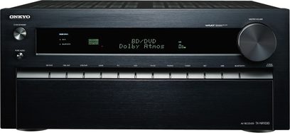Forside af Onkyo TX-NR1030 sort forstærker, mat børstet aluminium, mange knapper, stort display med grøn visning