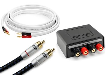 Adaptador de áudio SVS com entradas RCA pretas e vermelhas, corpo preto e cabos RCA banhados a ouro preto e branco