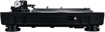 Hi-fi pladespiller Reloop RP 2000 USB MK2 sort, set forfra, med tonarm, pladespiller og kontrolknapper