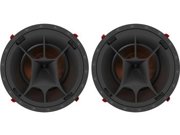 Sæt med to sorte Klipsch PRO-180-RPC LCR-indbygningshøjttalere til loft med synlige kobberfarvede membraner