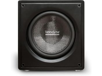 Velodyne VI-Q 12 fekete mélyláda elölnézete, szögletes doboz és középen elhelyezett, texturált fémmembrános hangszóró