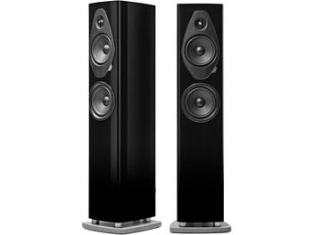 Paire d’enceintes colonne Sonus Faber Sonetto III G2 noir laqué, vues de face et de trois quarts