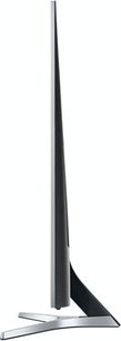 Ultra tenký televizor Samsung UE40KU6470, černá obrazovka, tenký stříbrný rámeček, stříbrný V-tvarovaný stojan, pohled z pravého profilu