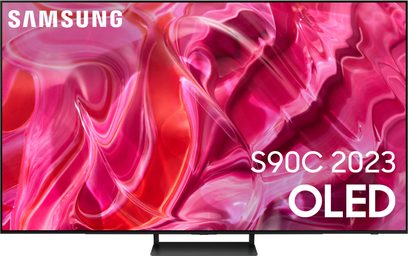 Primer plano de la pantalla OLED del televisor Samsung S90C 2023 que muestra una textura abstracta de color rojo intenso