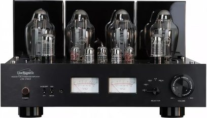 Amplificatore integrato stereo a valvole Line Magnetic LM-170IA nero, vista frontale, con grandi valvole e due vumetri