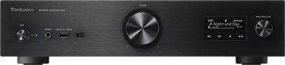 Technics SU-GX70EG-K Stereo-Hi-Fi-Verstärker, Frontansicht, schwarze Frontblende mit Tasten, Lautstärkeregler und DMP-Anzeige