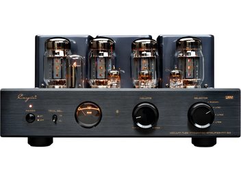 Cayin MT50 Plus KT88 Stereo-Röhren-Vollverstärker in gebürstetem schwarzem Metall, Frontansicht, anthrazitfarbene Front mit zentraler, hintergrundbeleuchteter Anzeige, zwei großen schwarzen Drehreglern und sechs sichtbaren Glasröhren