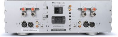 Výkonový zesilovač Cambridge Audio Azur 840W, zadní pohled, konektory a ovládací prvky, stříbrné provedení