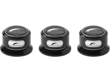 Drei glänzend schwarze, runde Unterlagen "Franc Audio Accessories Ceramic Disc Classic" zur Dämpfung von Vibrationen, von oben gesehen