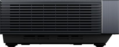 Hisense PX3-Pro projector, front view, black surface with horizontal grills, black base, adjustable feet