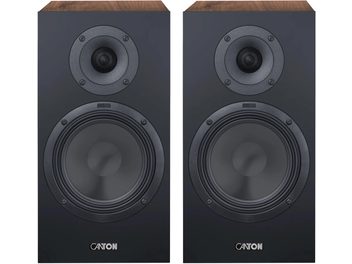 Coppia di diffusori da scaffale Canton GLE 30 S2 makassar, frontale nero con doppio altoparlante, parte superiore finitura noce