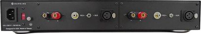 Nuprime MCX-2 stereoeffektforstærker, sort frontpanel med RCA- og XLR-stik, knapper og LED-indikatorer