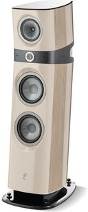 Standlautsprecher Focal Sopra N°3 in hellem Eichenholz, Dreiviertelansicht, 3 runde Lautsprecher, Holzfinish, glänzend schwarzer Sockel