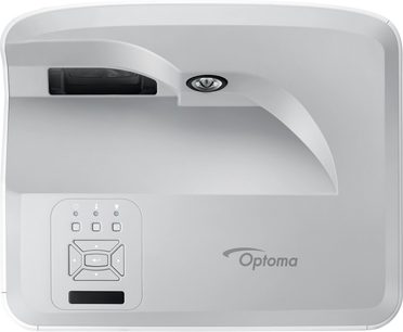 Optoma HZ45UST hvid videoprojektor, set ovenfra, forfra med forskudt linse og kontrolknapper