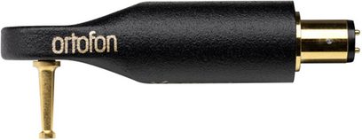 Ortofon MC XPRESSION pladespiller pickup, set fra siden, sort tekstureret krop, gylden "ortofon" inskription, gylden stik