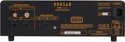 Roksan BLAK black CD player, rear view, analog and digital connectivity, switch, power inlet, serial number