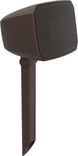 Boxă de exterior Klipsch Courtyard 2.0 maro mat, grilaj metalic perforat, pe țăruș orientabil, vedere din trei sferturi