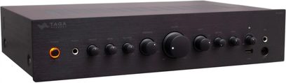 Amplificatore hi-fi stereo TA-400MIC (2023), vista frontale, pulsanti di controllo, presa per cuffie, porte USB e microfono, interruttore luminoso