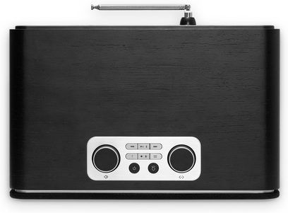 Roberts BLUTUNE 300 LE bordradio i sort, set ovenfra med teleskopantenne og sølvfarvet betjeningspanel