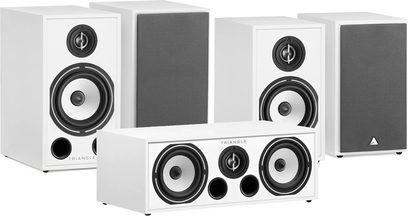 Conjunto de colunas de estante Triangle Borea BR03 branco composto por 5 colunas compactas brancas e pretas com alto-falantes circulares