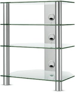 Vogel's DAU 65 hi-fi møbel i glas og metal, 4 hylder, 3 runde huller på hver hylde, set forfra