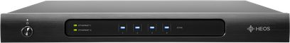 Denon HEOS SuperLink netværksaudioafspiller, mat sort frontpanel, sølvfarvet logo, LED-indikatorer, Ethernet-stik