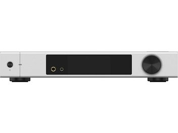 Leitor de áudio em rede Matrix Audio Element X2 prateado em alumínio escovado, vista frontal, painel com grande tela preta central, duas saídas para fones de ouvido com aro dourado, botão de energia preto à esquerda e botão de volume preto à direita