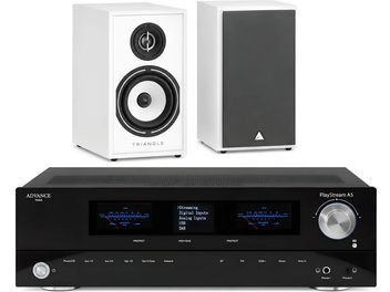 Chaîne hi-fi Advance PlayStream A5 noire avec deux enceintes bibliothèque Triangle blanches vue de face