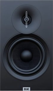 Elac Debut 3.0 DB63 sort højtalerbibliotek, set forfra, med vævet fibermembran-woofer og bølgeleder-tweeter