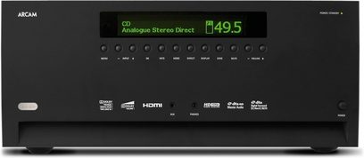 Arcam FMJ AVR500 sort hjemmebiografsforstærker, set forfra, grøn "49.5" visning på LCD-skærm, 7 knapper og drejeknap på frontpanel
