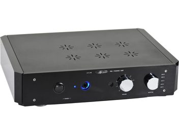 Hodetelefonforforsterker i high-fidelity Lector audio ZUM-H svart, sett forfra, med sentralt hodetelefonuttak og to sølvfargede knotter