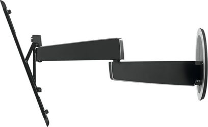 Vægmonteret TV-beslag Vogel's Designmount NEXT sort, drejeligt og svingende armsystem, vægmontering, profilvisning på hvid baggrund