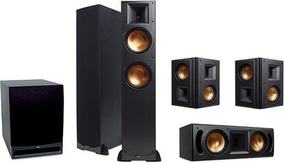 Klipsch RF-82B sort højttalerpakke: 2 gulvhøjttalere, 2 reolhøjttalere, 1 centerhøjttaler, 1 subwoofer, set forfra