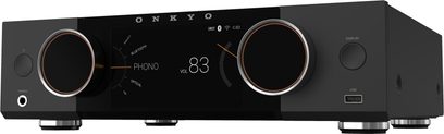 Onkyo Y-50 sort stereo hi-fi-forstærker i sort med frontpanel med to store drejeknapper, centralt display der viser lydstyrke 83 og USB-indgang
