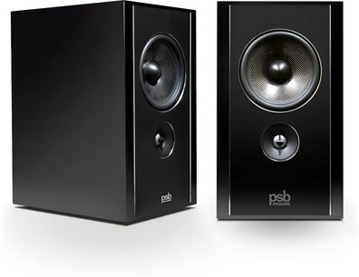 Reproduktory PSB Synchrony B600, skříně v černé lakové úpravě, basový reproduktor s tkaným kuželem a výškový reproduktor, pohled zepředu a ze tří čtvrtin