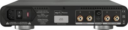 SPL Phonos juodas foninis stiprintuvas su auksuotais RCA jungtimis, maitinimo jungikliu, OUTPUT ir RECORD PLAYER gnybtais bei AUDIO GND.
