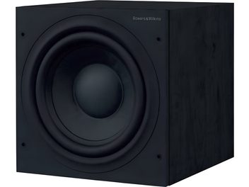 Bowers & Wilkins ASW610 subwoofer i sort, kubisk, matt sort front, rund sentralhøyttaler, sett forfra